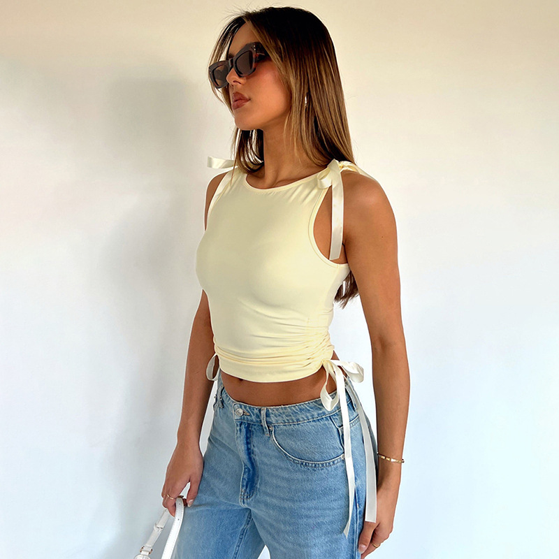 Navel Solid Color Ribbon Drawstring Top