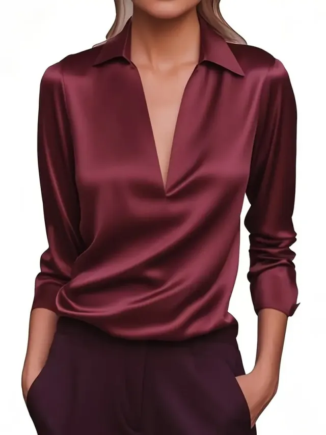 Solid Color Simple V neck Shirt Long Sleeve Shirt Red - Shop at LoveMi