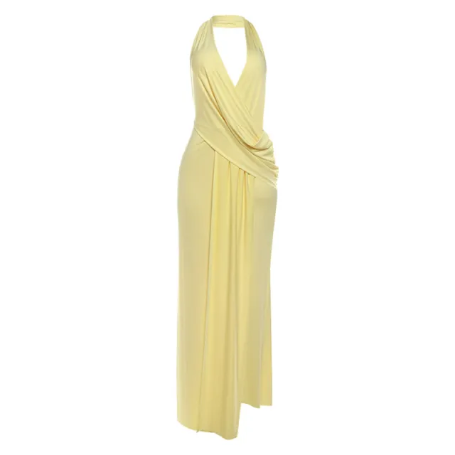 Strapless Backless Deep V neck Sexy Slit Dress Yellow - Shop at LoveMi