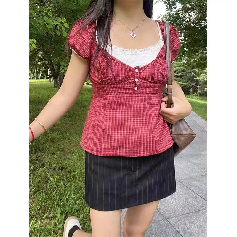 Lace Collar Red Cell Pattern Short Sleeve Shirt