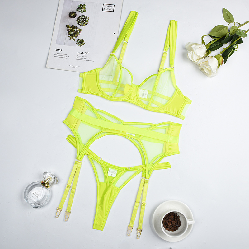Sheer Mesh Women's Underwear Push Up Three piece Set With Steel Ring Fluorescent Green - Shop at LoveMi