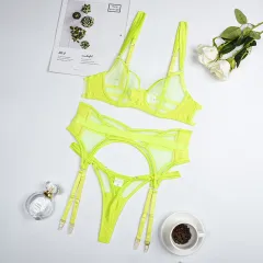 Sheer Mesh Women's Underwear Push Up Three-piece Set With Steel Ring - Fluorescent Green - View 1