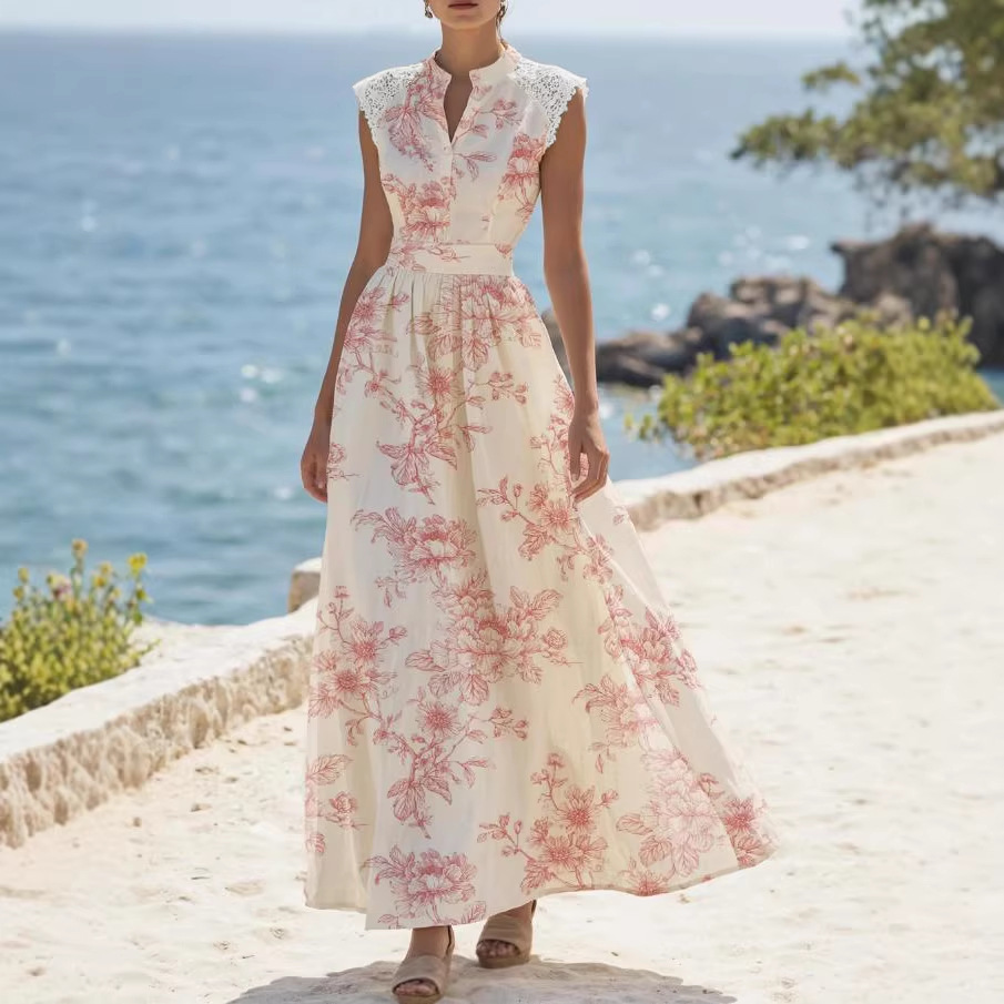 Elegant Short-Sleeve Lace-Patchwork Lace-Up Printed Dress