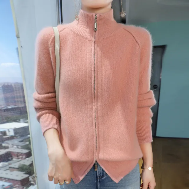 Seven pin Thickened Double Zipper Half Turtleneck Knitted Cardigan Coat Sweater Pink - Shop at LoveMi