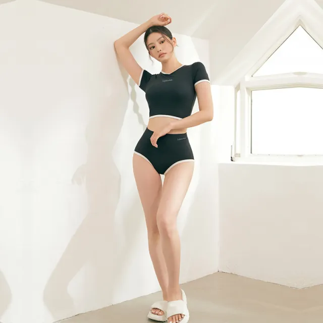 Two piece Short Sleeve Athletic Girl Swimsuit For Women Black - Shop at LoveMi