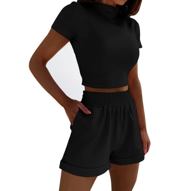 Spring New Women's Clothing Fashion Suit Two piece Short Sleeve High Waist Cropped Shorts Black - Shop at LoveMi