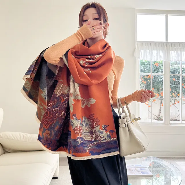 Vintage Plum Scarf Women's Artificial Cashmere Thickened Double sided Student Shawl Orange - Shop at LoveMi