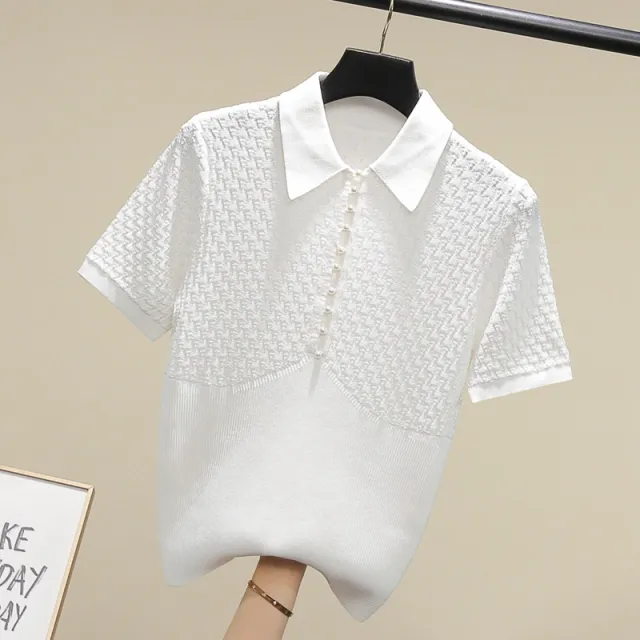White Polo Collar Short sleeved Sweater White - Shop at LoveMi