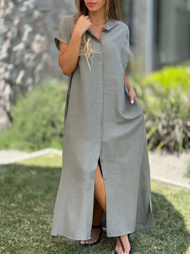 Cotton And Linen Casual Short sleeved Cardigan Dress Gray - Shop at LoveMi