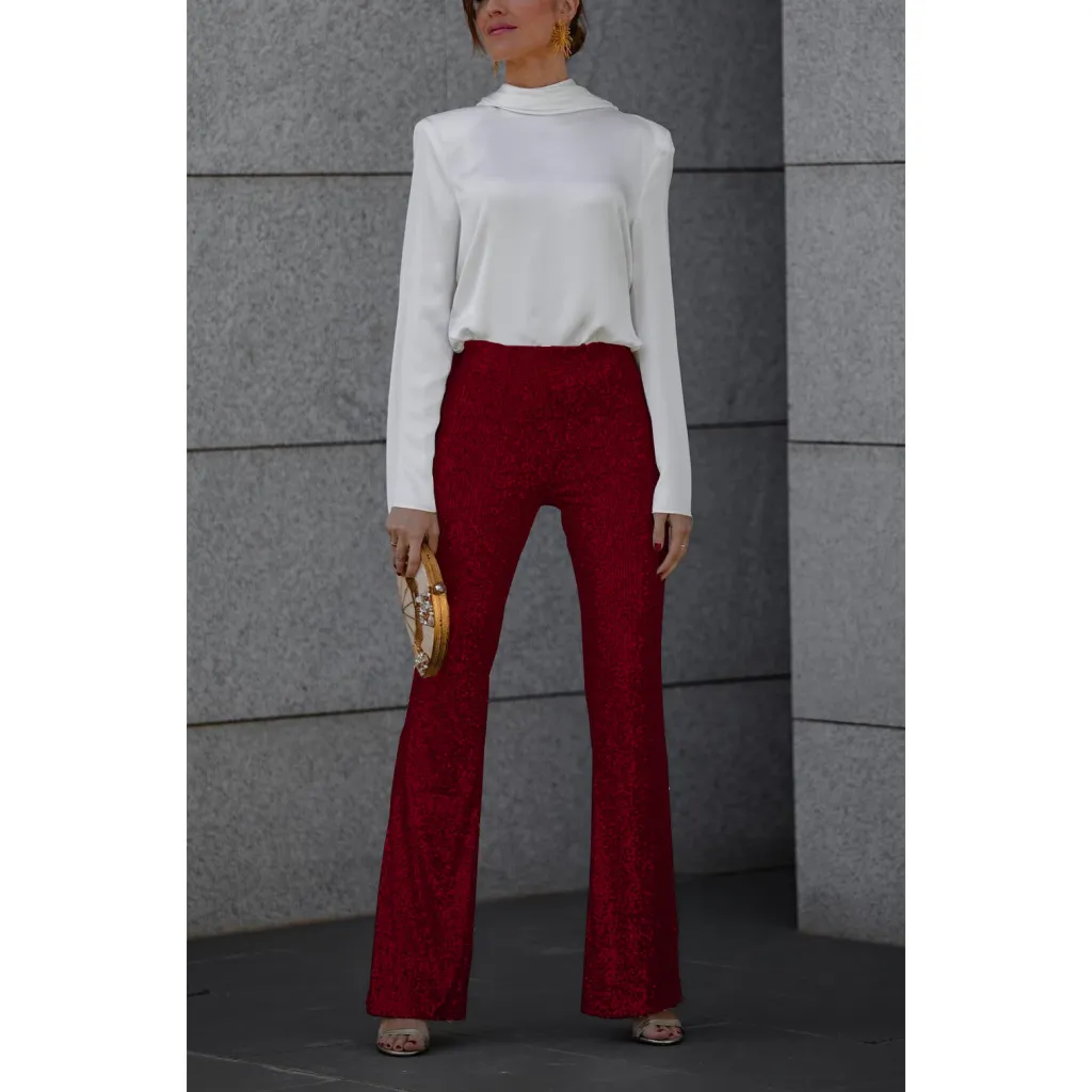 European And American Sequins Elastic Waist Slim Elastic Bell-bottom Pants - Wine