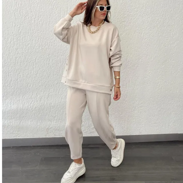 Metal Button Long Sleeve Shirt Sports Casual Ankle Banded Pants Suit Almond White - Shop at LoveMi