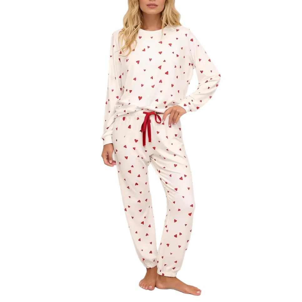 Heart-print Lace-up Pajama Set With Long Sleeves And Long Pants For Loungewear