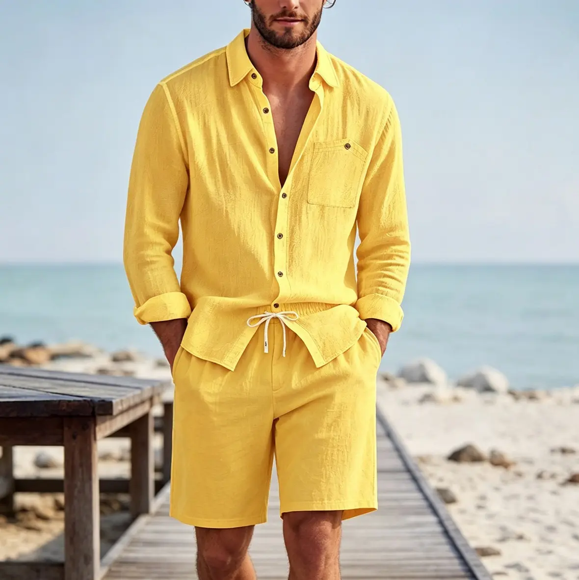 Mens Solid-Color Lapel Cardigan Linen Casual Long-Sleeve