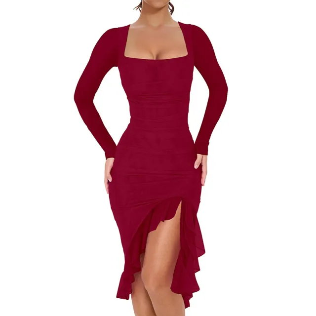 Sexy Square neck Fitted Long sleeve Dress Wine - Shop at LoveMi