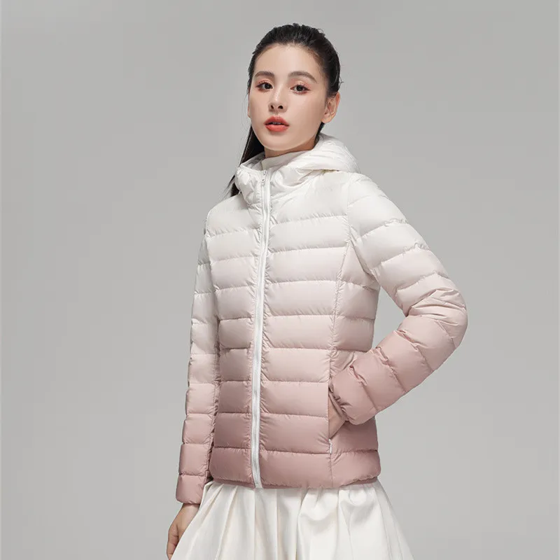 Women's Autumn And Winter Lightweight Down Jacket Hooded Gradient Color - Gradient Pink