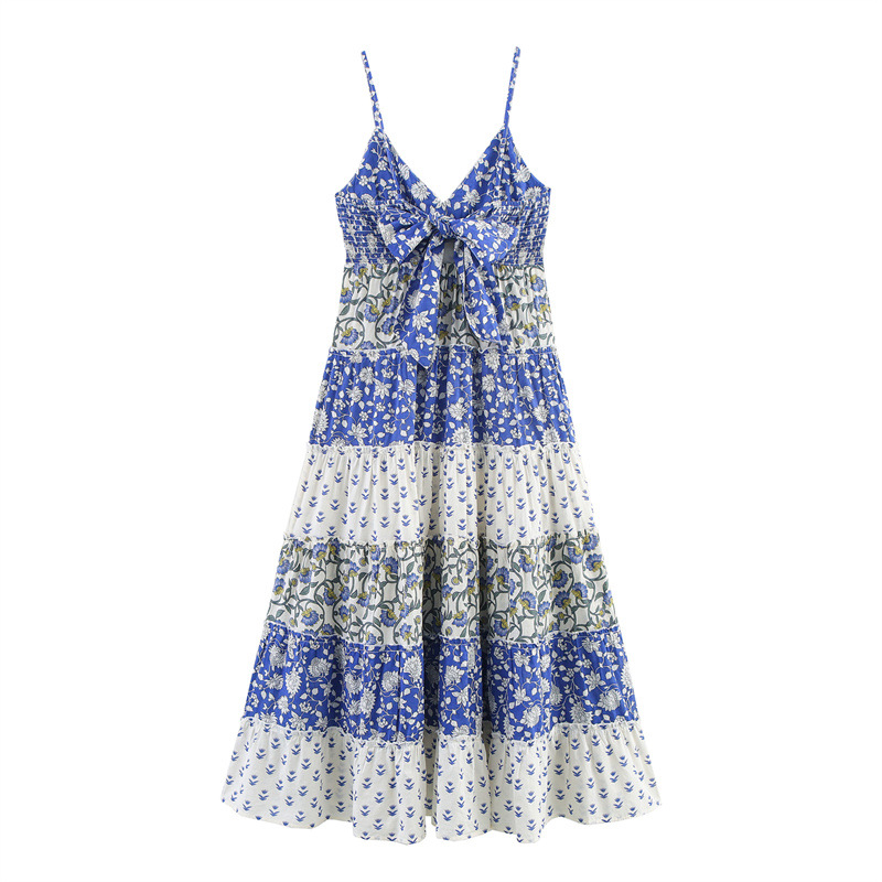 Summer Bow Patchwork Printed Layered Splicing Sling Dress - Shop at LoveMi