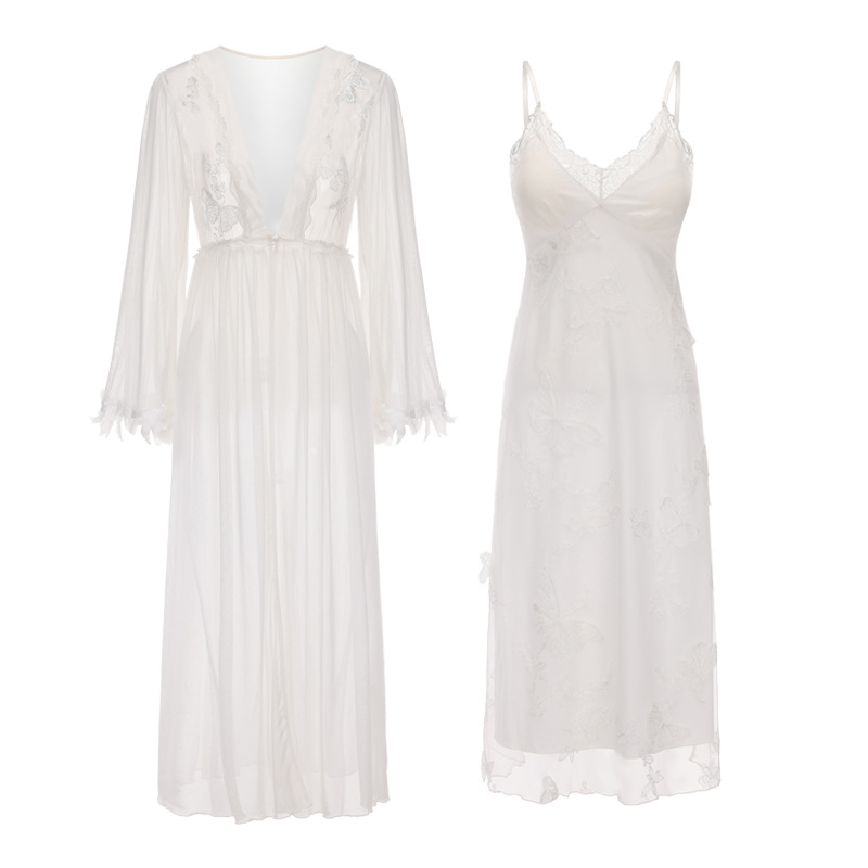 Long Embroidery Slip Nightdress Outerwear Gown Pajamas Suit