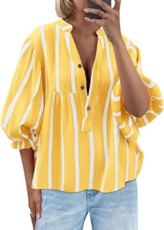 Women's Striped Shirt Puff Sleeve Loose Top - Yellow - View 1