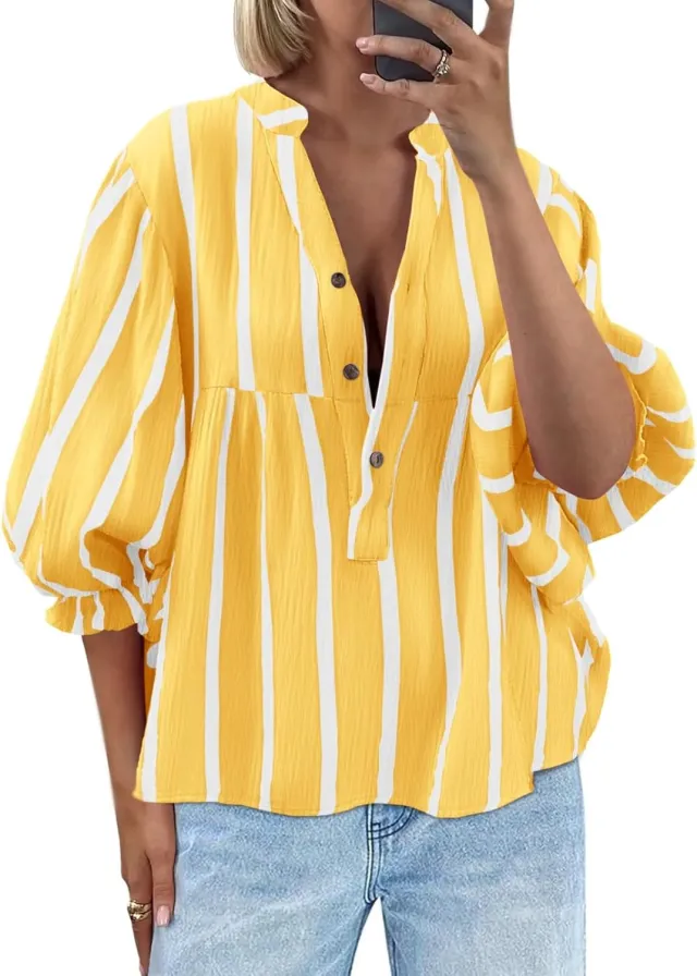 Women's Striped Shirt Puff Sleeve Loose Top Yellow - Shop at LoveMi