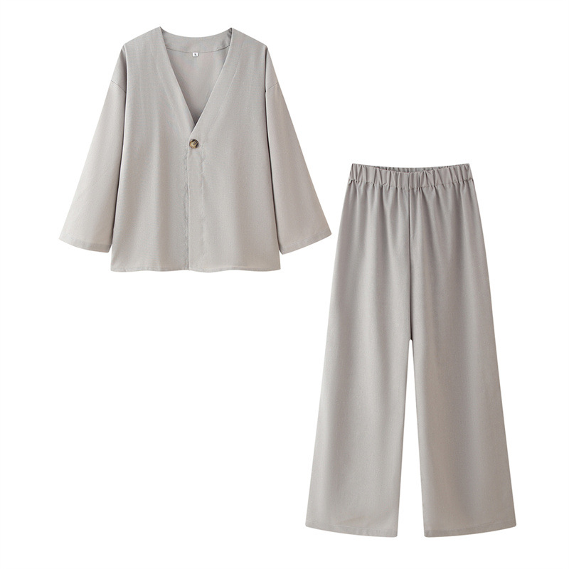 Cotton And Linen Casual Loose V neck Solid Color Two piece Set Gray Suit - Shop at LoveMi