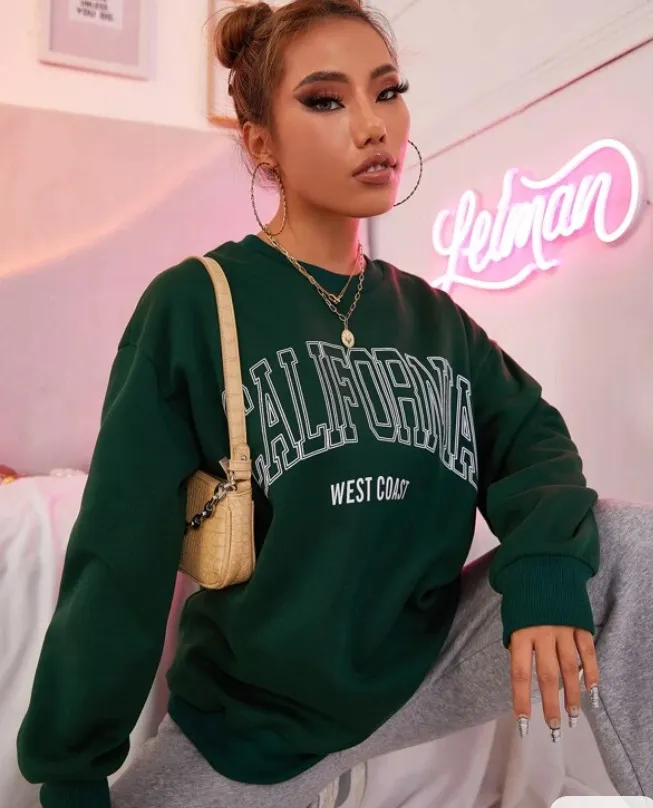 Women's Plus Size Round Neck Print Sweatshirt - Green
