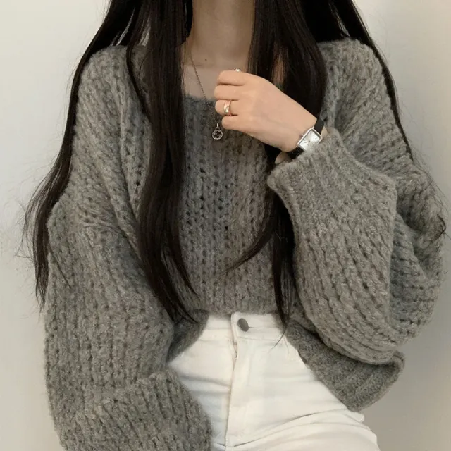 Women's Autumn And Winter Candy Color Pullover Loose Lantern Sleeve Knitted Sweater Gray - Shop at LoveMi