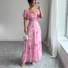 Lotus Sleeve Printed Slim Elegant Dress - Pink - View 1
