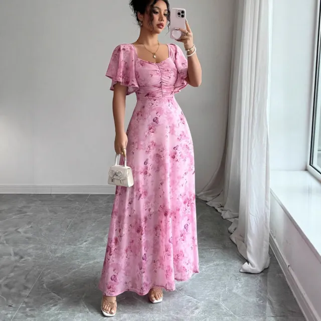 Lotus Sleeve Printed Slim Elegant Dress Pink - Shop at LoveMi