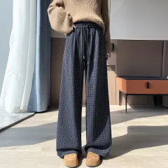 Autumn And Winter Lattice Loose Pants Women's High Waist Slimming Loose Straight - Blue Plaid - View 1