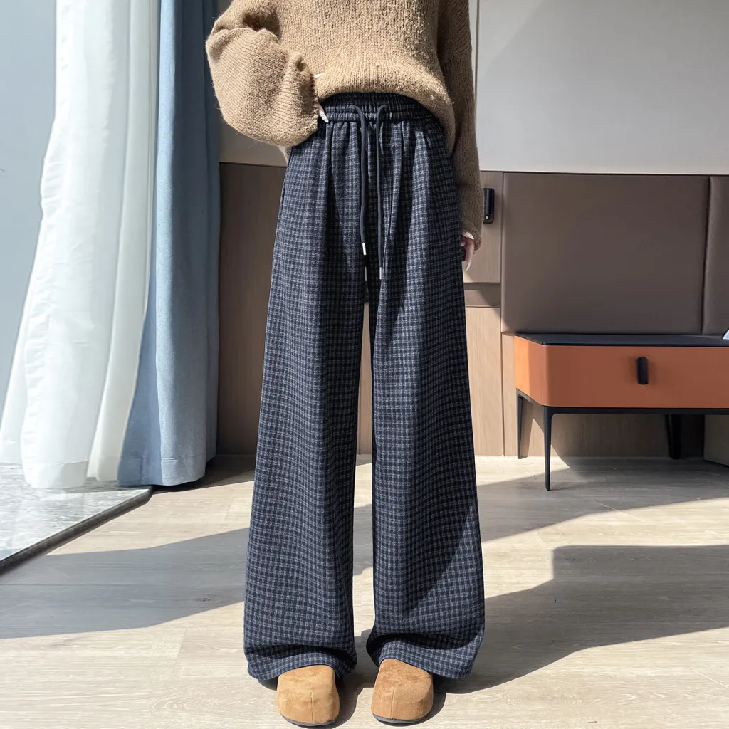 Autumn And Winter Lattice Loose Pants Women's High Waist Slimming Loose Straight - Blue Plaid