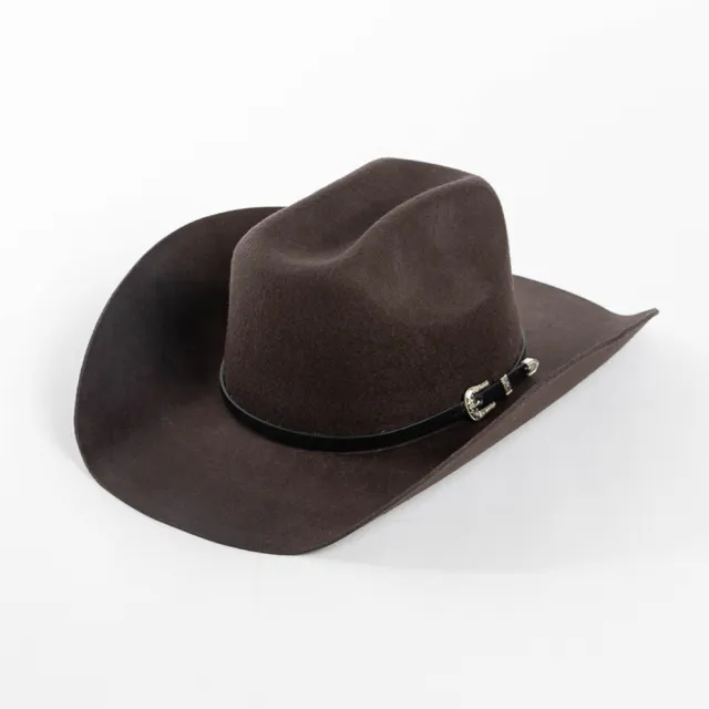 Belt Buckle Wide Brim Curling Wool Cowboy Hat Deep Coffee - Shop at LoveMi