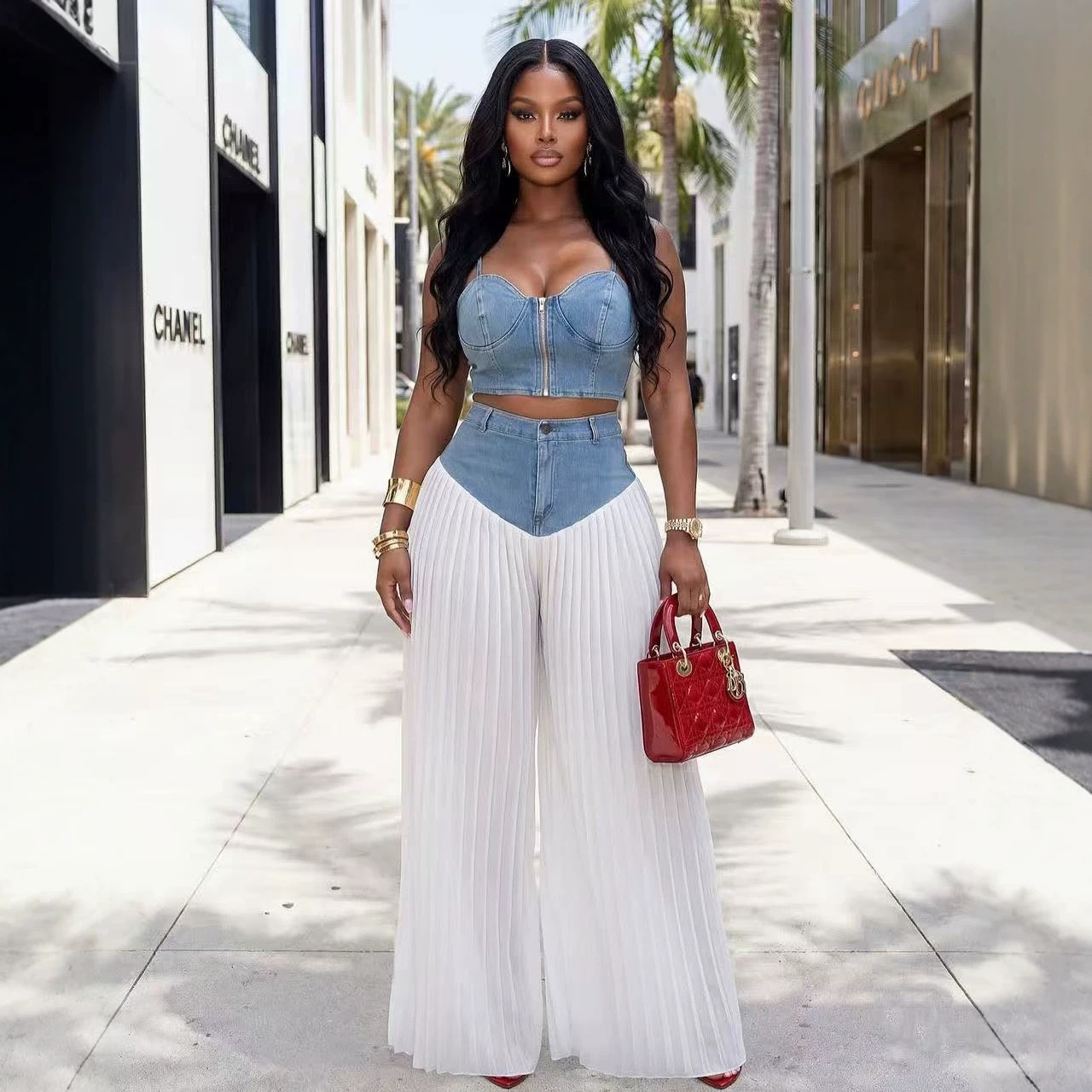 Strap V-neck Camisole And Ruffled Denim-Spliced Chiffon Pants Set