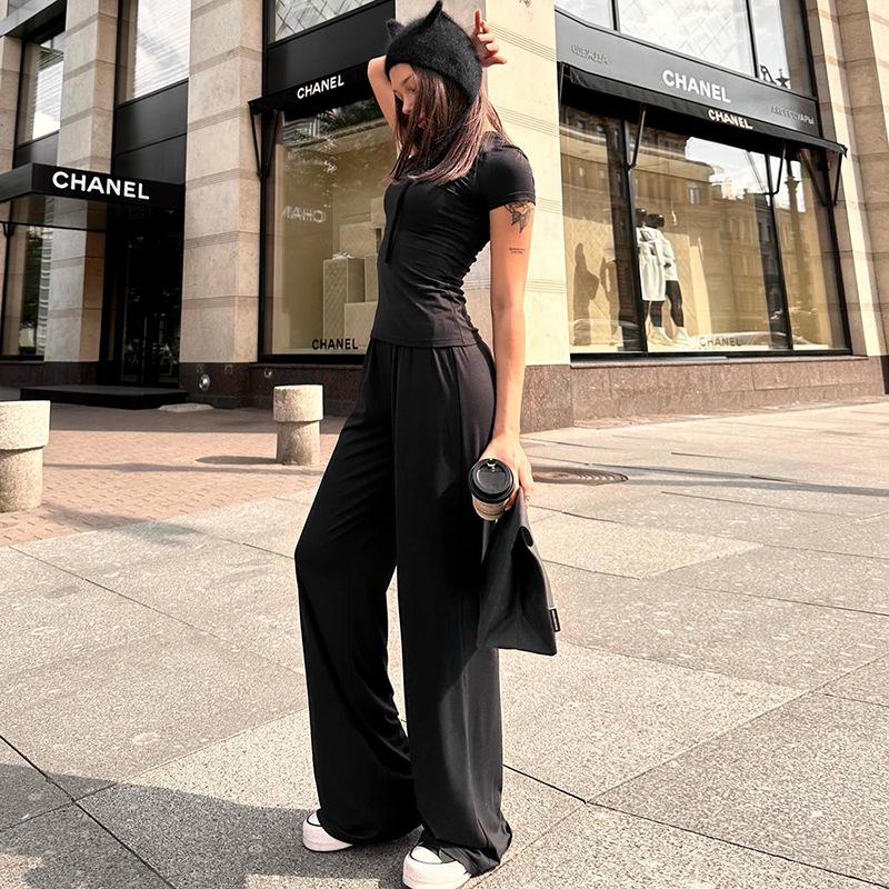 Spring And Summer Round Neck Solid Color Slim Fit Pullover Elastic Waist Wide Leg Trousers Suit