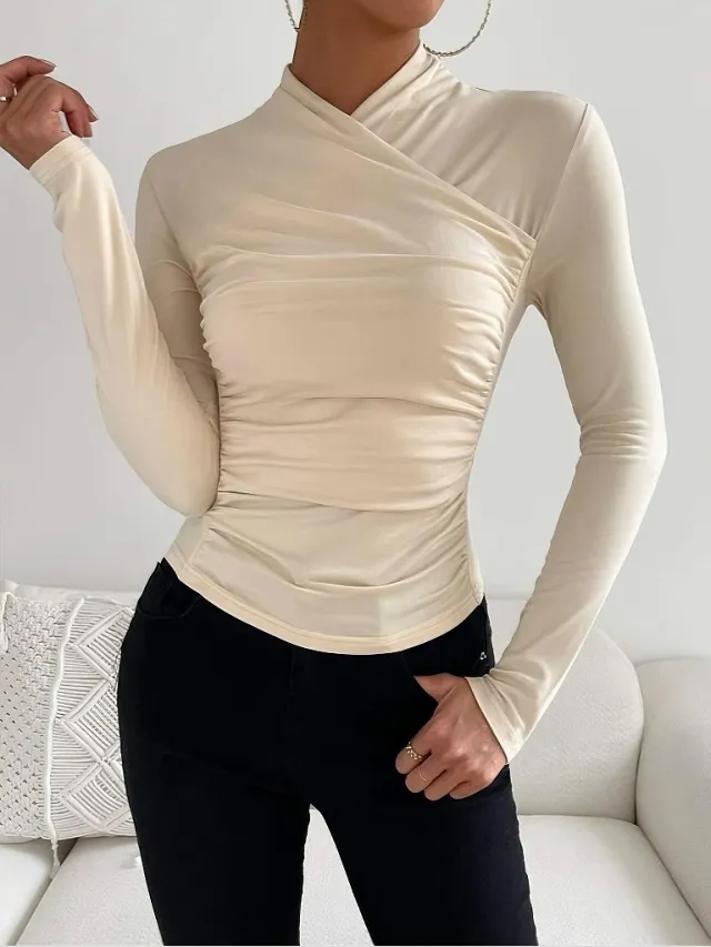 Design Cross Collar Slim Fit All match Pleating Long Sleeve Yellow - Shop at LoveMi