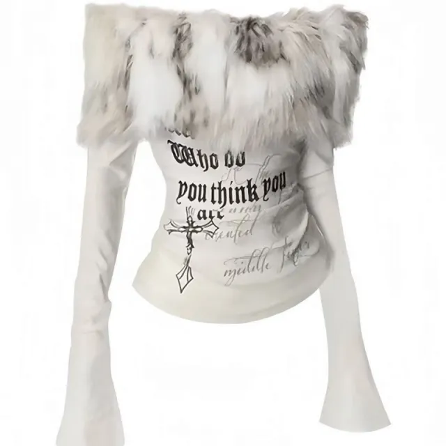 Vintage Printed Furry Stitching Off shoulder T shirt Top Milky White - Shop at LoveMi