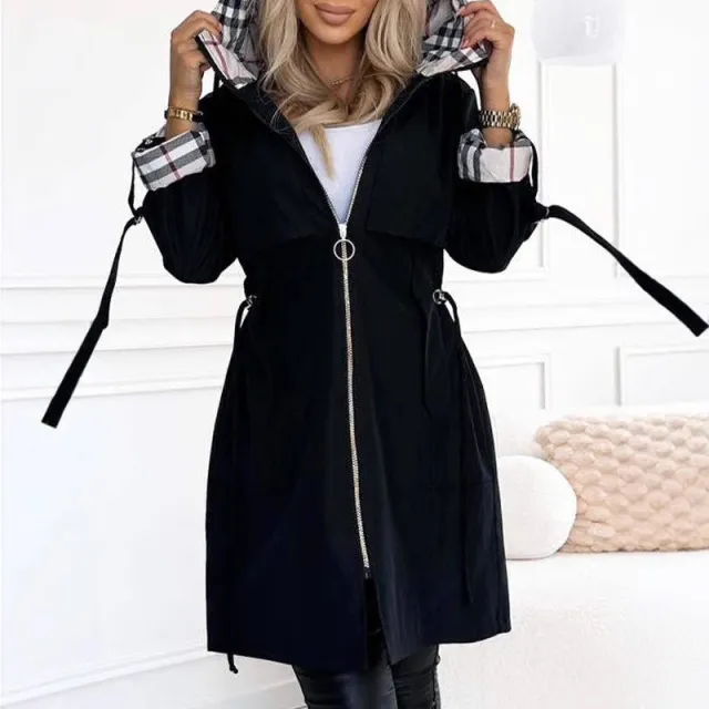European And American Hooded Plaid Coat Black - Shop at LoveMi