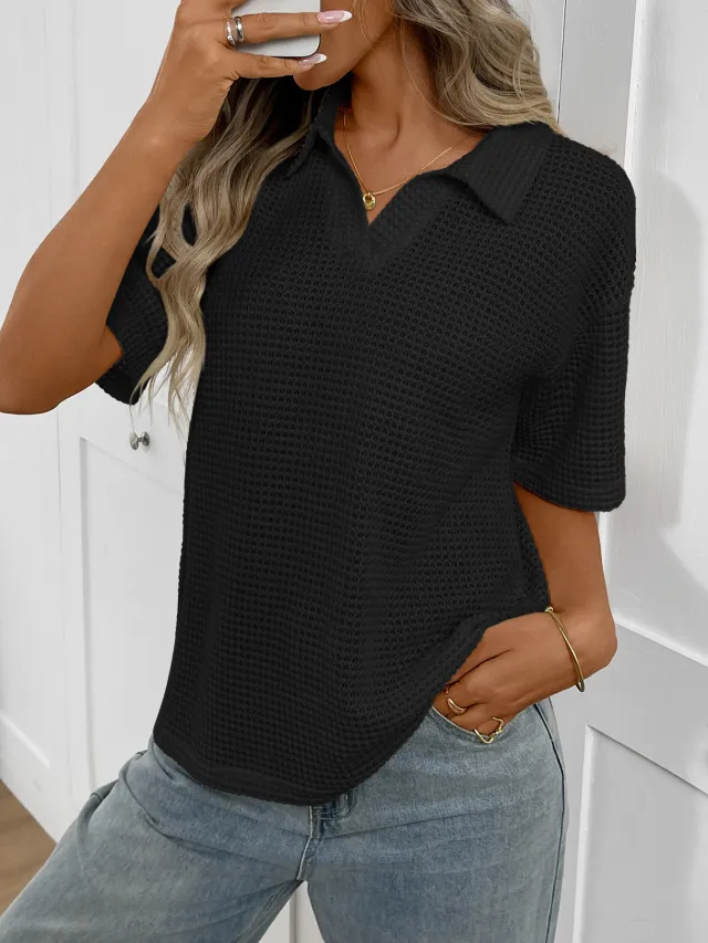Women's Solid Colored Knitted Pullover T Shirt With Lapel Collar Loose Fit Short Sleeves Black - Shop at LoveMi