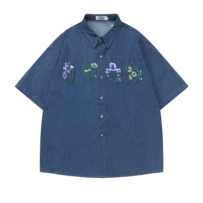 Vintage Floral Embroidered Denim Short Sleeve Shirt Blue - Shop at LoveMi