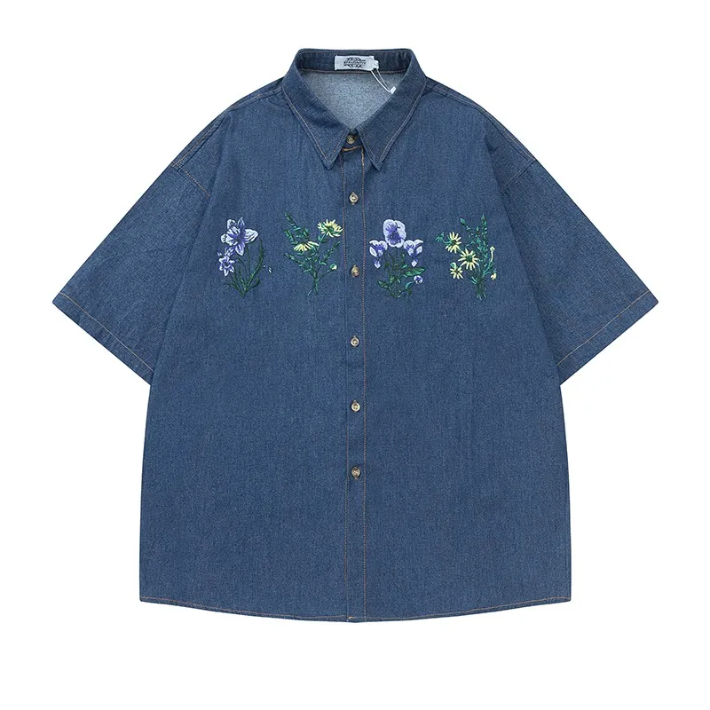 Vintage Floral Embroidered Denim Short Sleeve Shirt - Blue