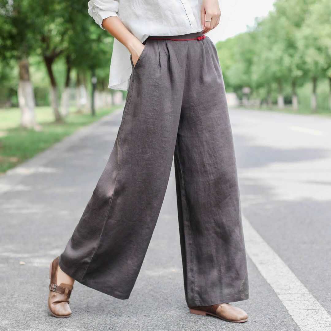 Title 7, Pantalon long en lin taille haute, ample et fin...