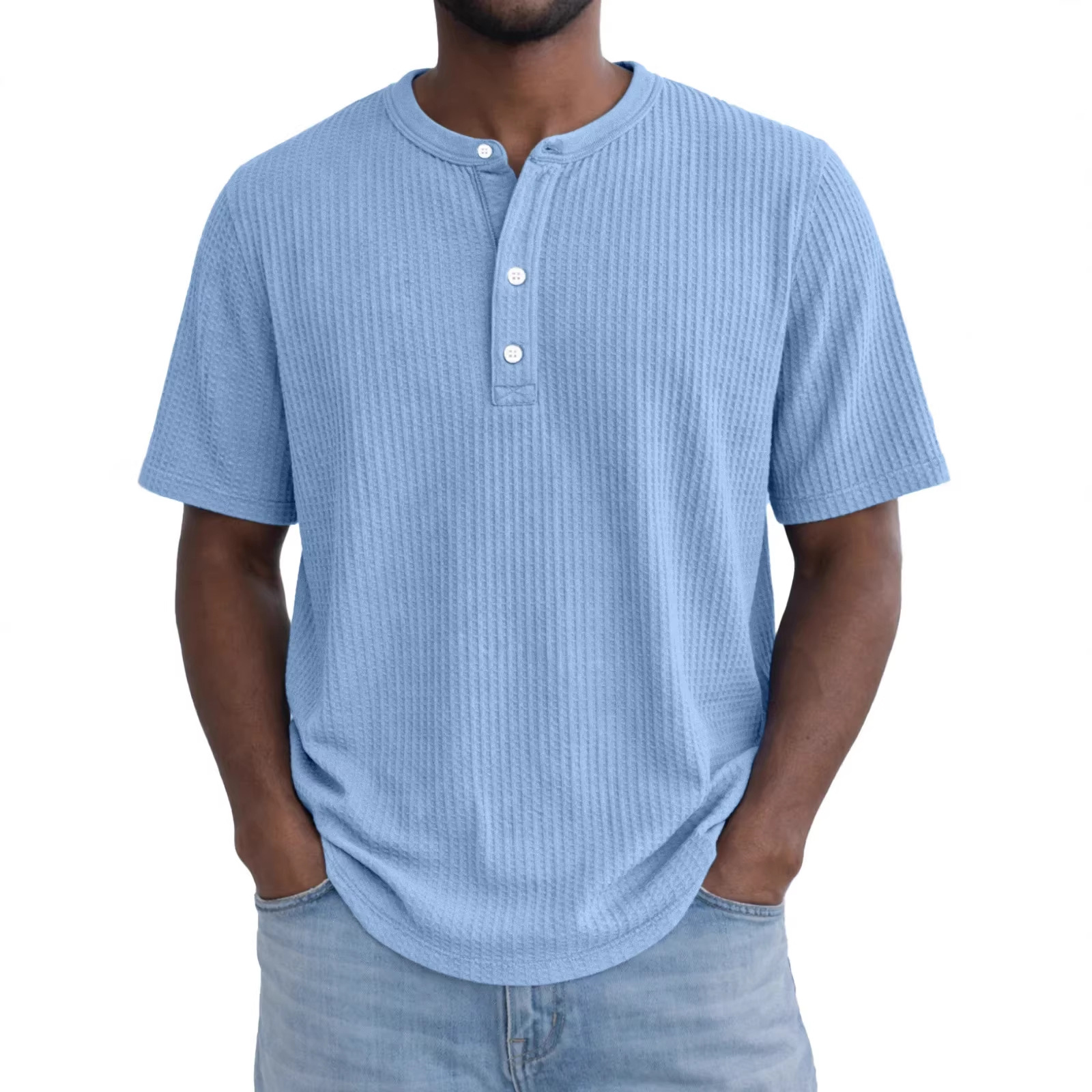 Short-Sleeve Waffle-Weave Henry Collar T-Shirt