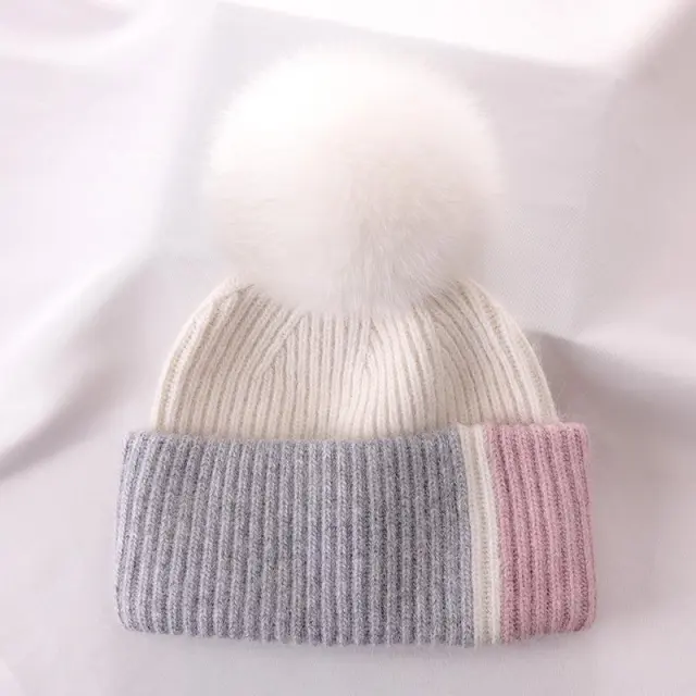 Rabbit Fur Autumn Winter Korean Cute Real Fox Fur Ball Thick Warm Plush Knitted Hat White - Shop at LoveMi