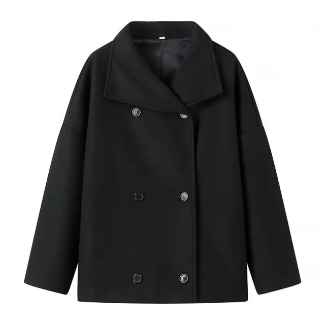 Women's French Casual Double Breasted Woolen Coat Outerwear Black - Shop at LoveMi