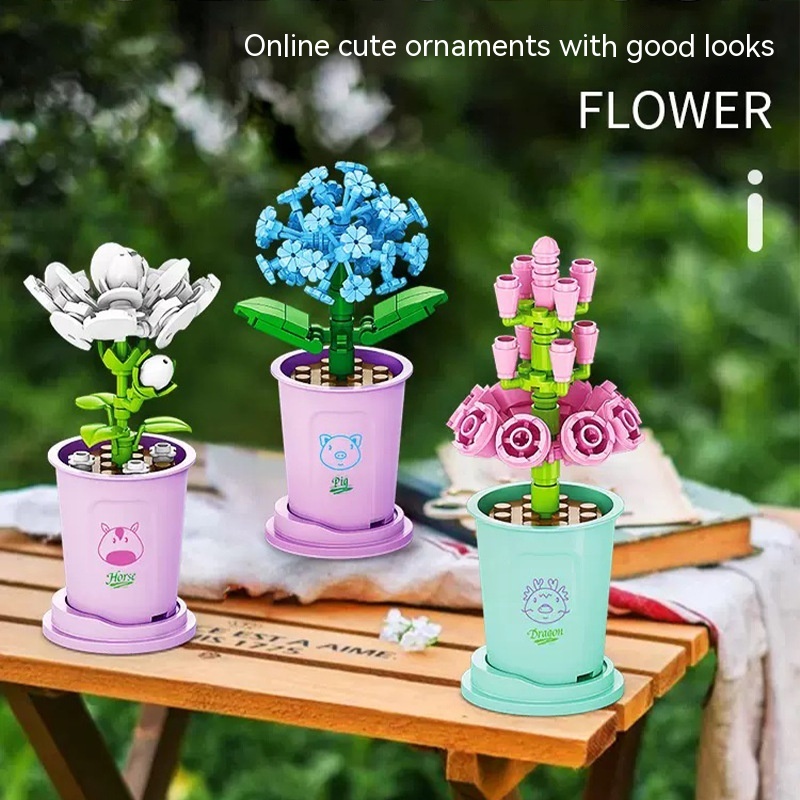 Building Blocks Flower Pot DIY Small Particles Educational Toys Desktop Decoration Puzzle