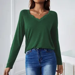 Loose Casual V-neck Lace Patchwork Long Sleeve Fashion Top - Dark Green - View 1