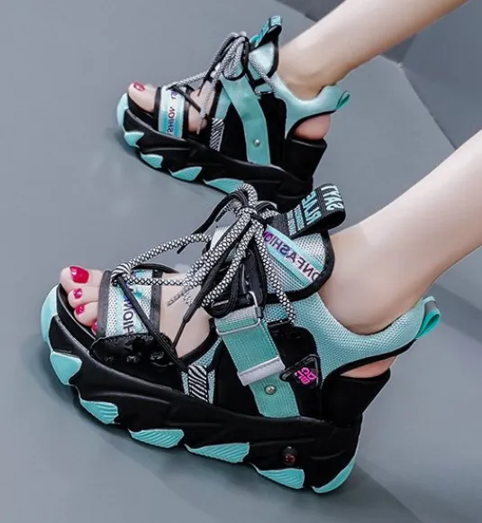 Summer Rubber Low-top Platform Color Matching Casual Wedge Sandals - Blue