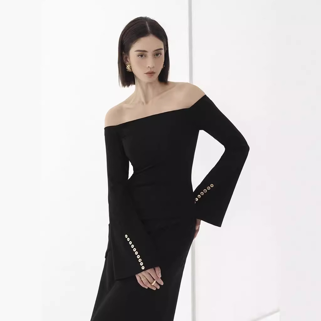 Elegant Boat-neck Bell Sleeve Dress Waist-tight