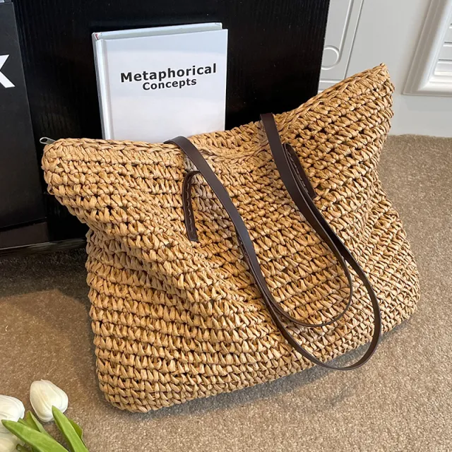Summer Woven Shoulder Bag Ins Fashion Large Capacity Handbags With Zipper Women's Beach Bags Brown - Shop at LoveMi