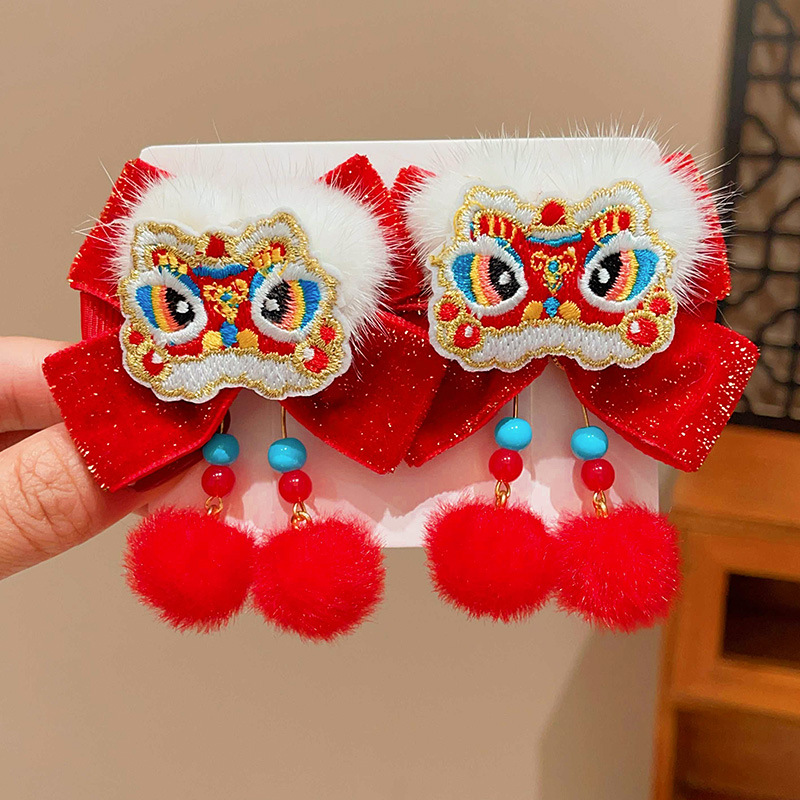 Chinese-style Lion Dance Bow-tie Tassel Pom-pom Hair Clip For Kids