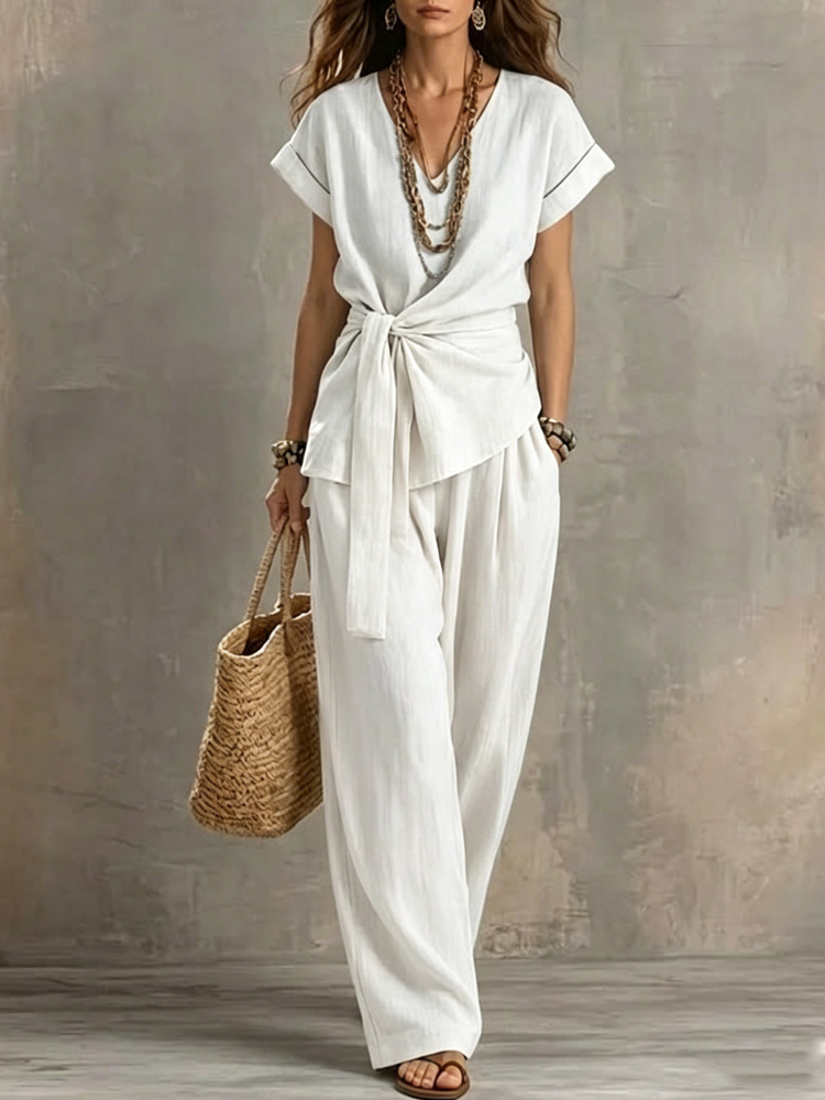 Women's V-Neck Short-Sleeve Pants Set in Sky Blue – cotton blend casual coordinated two-piece